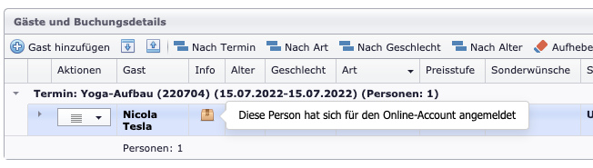 Vermerk über Online-Konto in Gästeliste einer Buchung