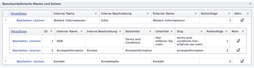 Verwaltung von benutzerdefinierten Menüs und Seiten