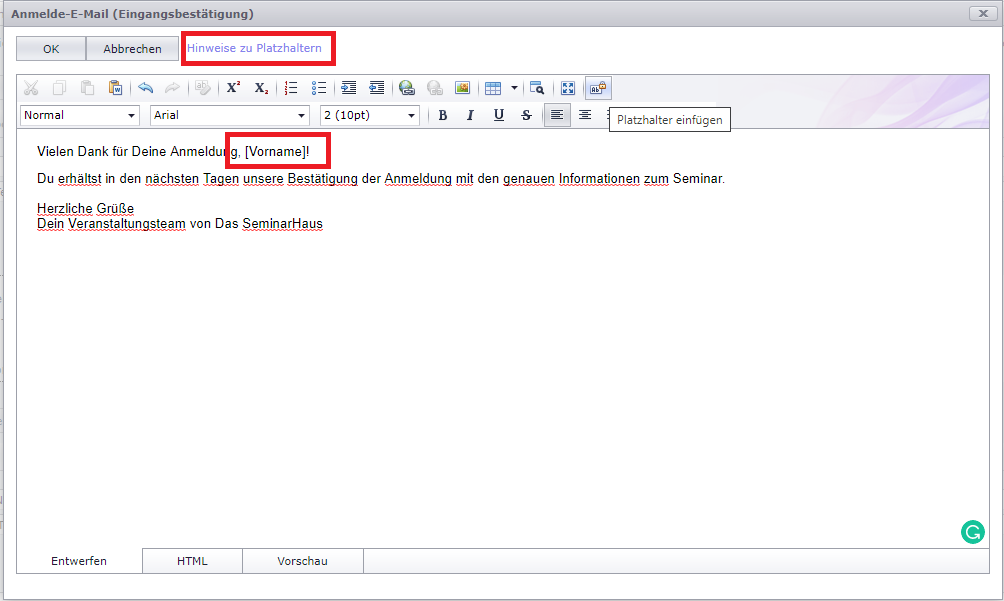 Platzhalter in E-Mail-Vorlage einfügen