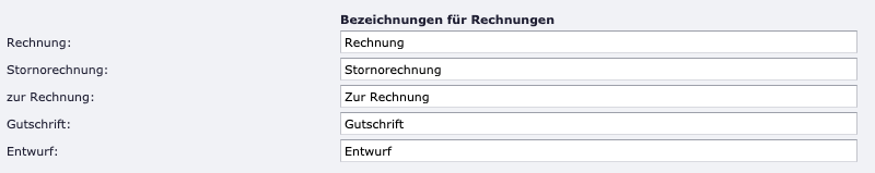 Einstellungen für Bezeichnungen für Rechnungen