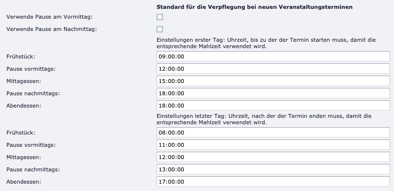 Standardeinstellungen für die Verpflegung bei neuen Veranstaltungsterminen