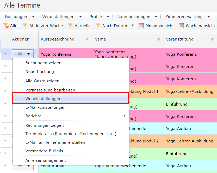 Webeinstellungen einer Veranstaltung aufrufen über das Aktionen-Menü der Veranstaltungsliste