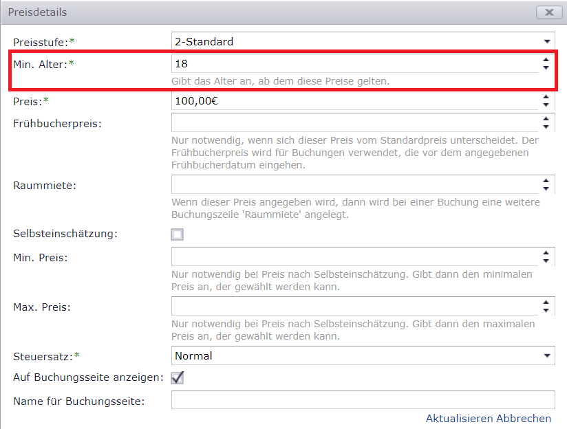 Festlegen des Mindestalters innerhalb der Preisdetails