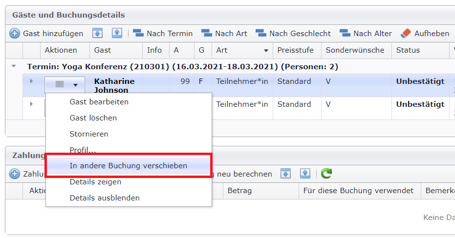 Gast in andere Buchung verschieben