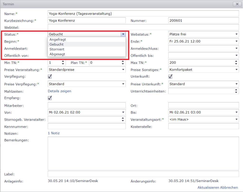 Status eines Termins ändern