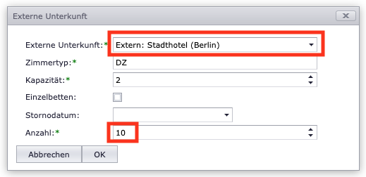 Externe Unterkunft auswählen