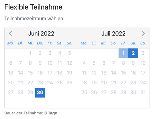 Auswahl des Teilnahmezeitraums auf der Buchungsseite