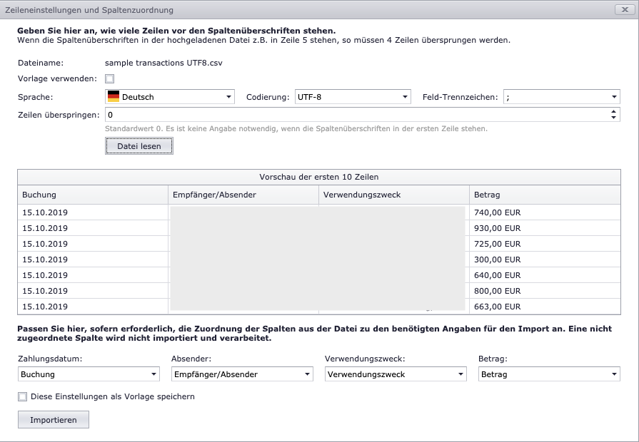 Vorschau des Datenimports und Zuordnung relevanter Spalten