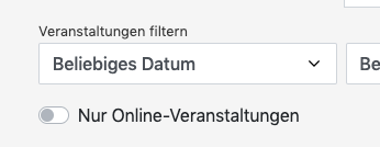 Filter für Veranstaltungen mit Online-Teilnahme in der Veranstaltungsübersicht der Buchungsseite