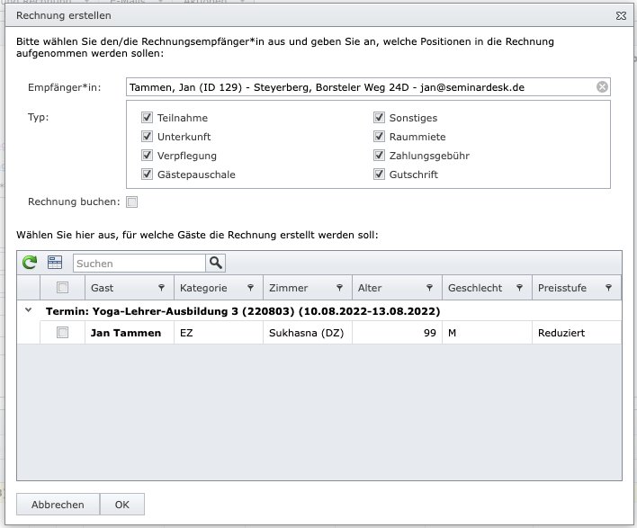 SeminarDesk Rechnung erstellen: Umfang der Rechnung aus einer Buchung bearbeiten