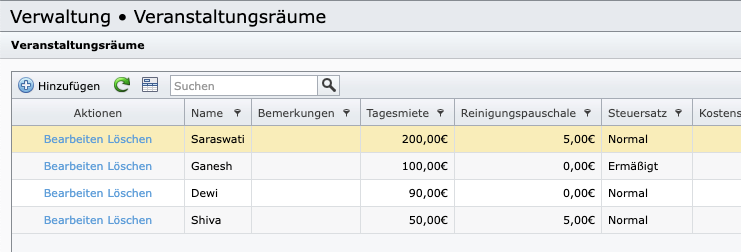 Verwaltung der Veranstaltungsräume