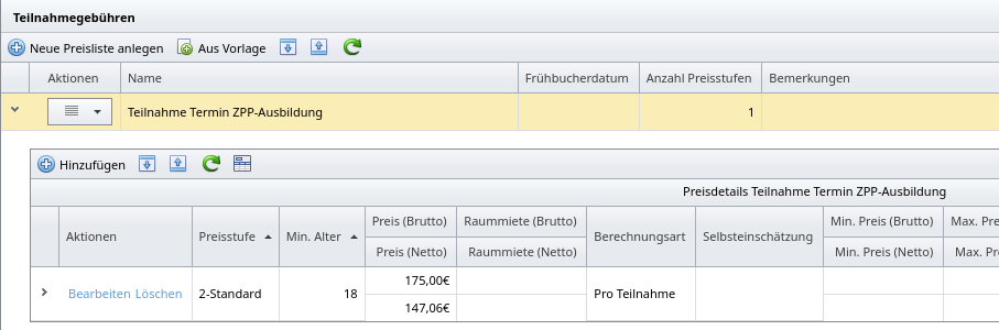 Preisliste für Teilnahmegebühren einer Veranstaltung