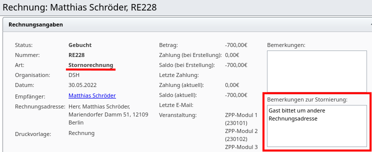 Bemerkungen zur Stornierung in den Rechnungsdetails einer Stornorechnung