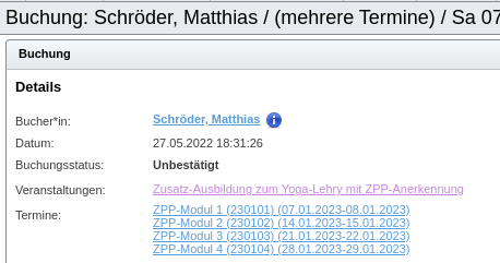 Details einer Buchung für mehrere Veranstaltungstermine
