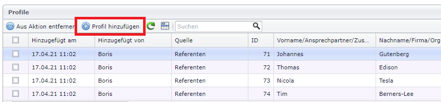 CRM Profil manuel hinzufügen