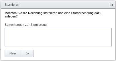 Dialog zum Stornieren einer Rechnung mit Eingabefeld für die Bemerkungen zur Stornierung