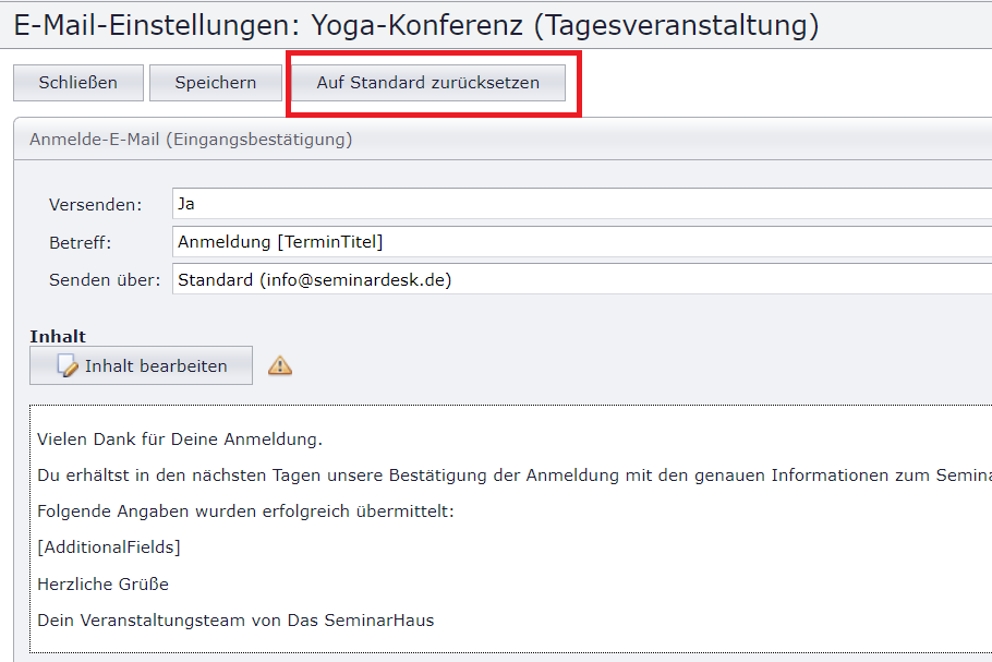 E-Mails auf Standard zurücksetzen