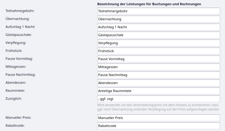 Einstellungen für die Bezeichnung der Leistungen für Buchungen und Rechnungen