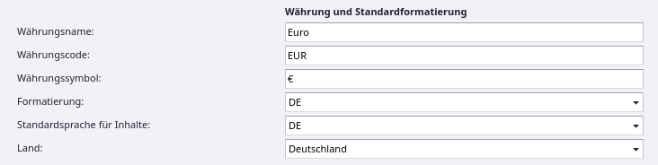 Einstellungen für Währung und Standardformatierung