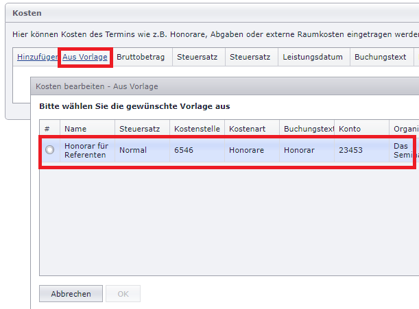 Kostenvorlagen aus Vorlage