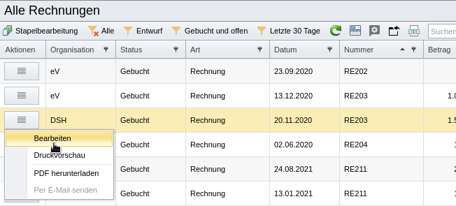 Aktion zum Bearbeiten einer Rechnung in der Liste aller Rechnungen