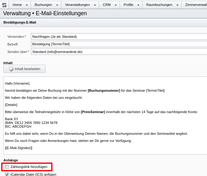 Standard-E-Mail-Einstellungen mit Option „Zahlungslink hinzufügen“