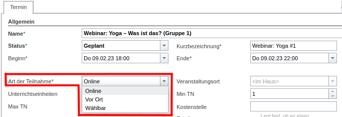 Auswahl der Art der Teilnahme beim Anlegen eines Veranstaltungstermins