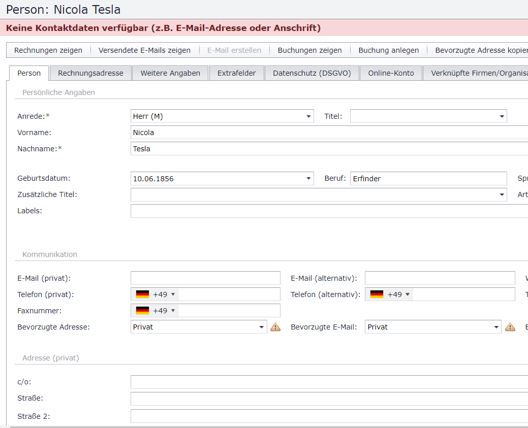 Warnung bei Profilen ohne Kontatdaten