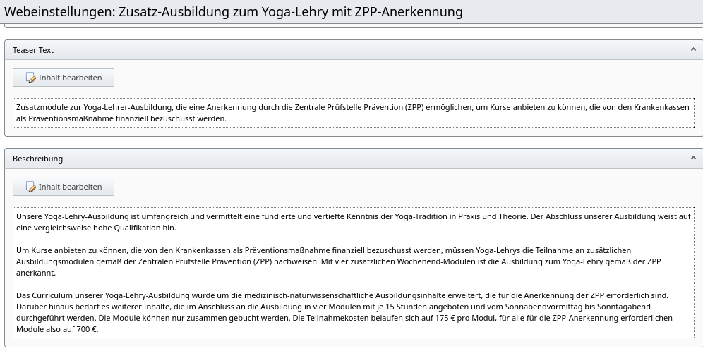 Auszug der Webeinstellungen einer Veranstaltung mit beispielhaften Teaser-Text und Beschreibung