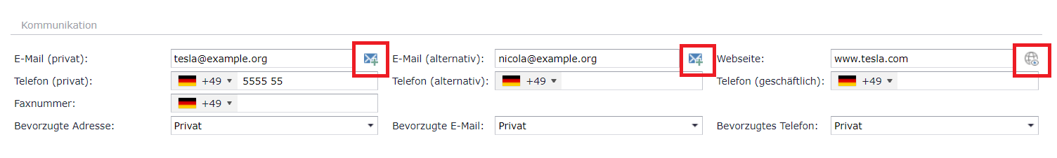 Webseite öffnen und E-Mail versenden aus Profil