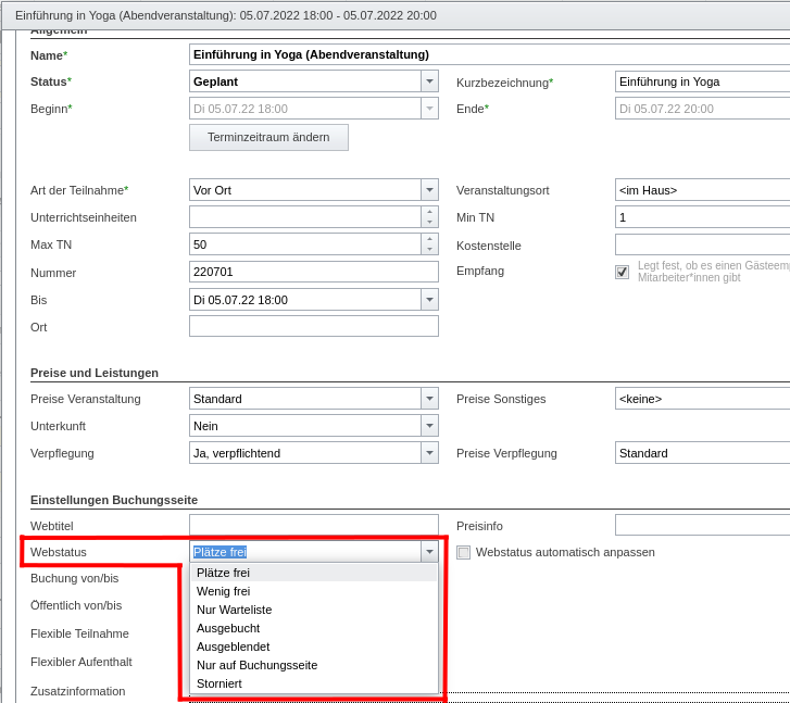 Einstellung des Webstatus beim Bearbeiten eines Veranstaltungstermins