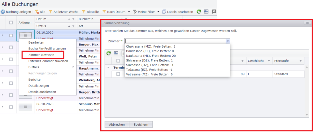 Zimmer zuweisen in Buchungsliste