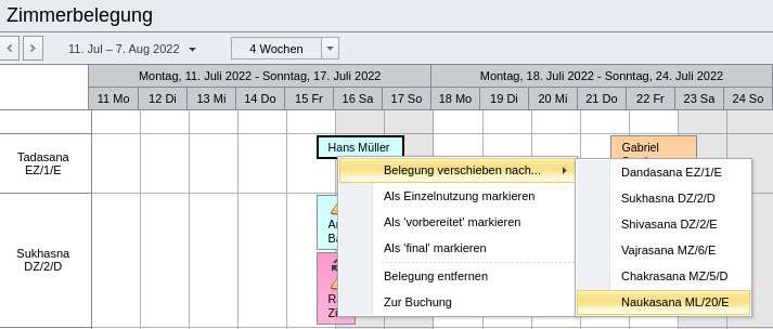 Kontextmenü einer Zimmerbelegung in der Kalenderansicht