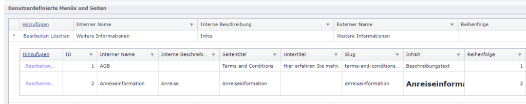 benutzerdefinierte Menüs und Seiten