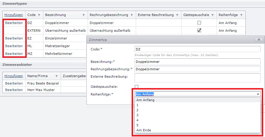 Zimmertypen und Reihenfolge