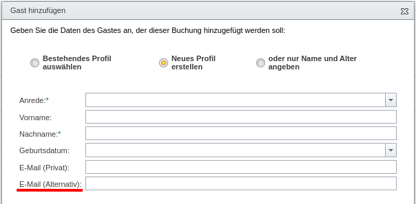 Dialog zum Hinzufügen eines Gastes zu einer Buchung mit Eingabemöglichkeit einer alternativen E-Mail-Adresse