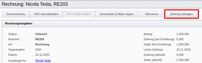 Funktion „Zahlung eintragen“ in den Rechnungsdetails