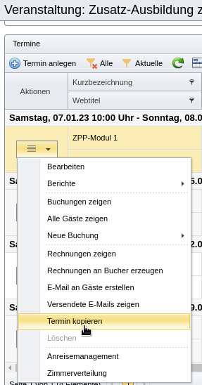 Aktionen-Menü eines Veranstaltungstermins mit Kopieren-Aktion