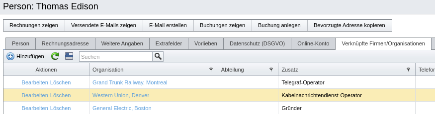 Verknüpfte Firmen/Organisationen einer Person