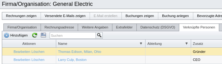 Verknüpfte Personen einer Firma/Organisation