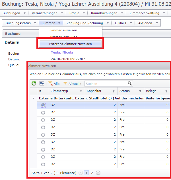 Externe Zimmer einer Buchung zuweisen