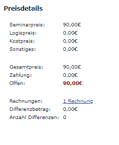 Preisdetails der Buchung mit Link zur Rechnung