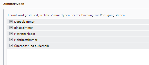Webeinstellungen der verfügbaren Zimmertypen