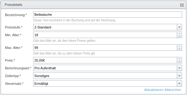 Preisdetails für eine sonstige Leistung