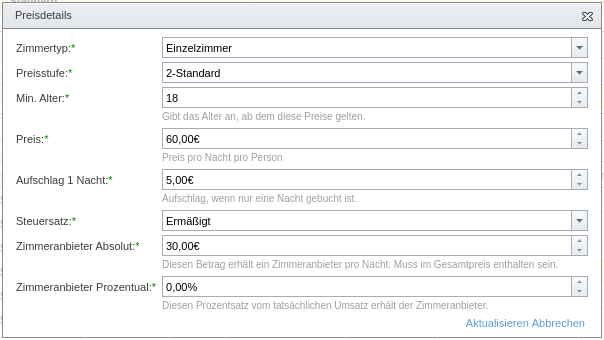 Preisdetails für einen Zimmertyp