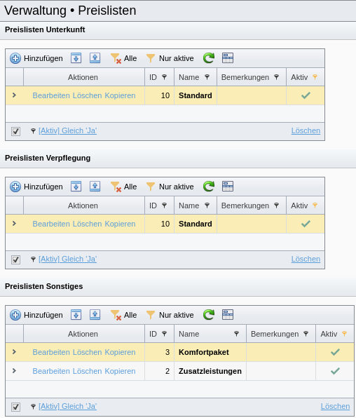 Verwaltung der SeminarDesk Preislisten für Unterkunft, Verpflegung und Sonstiges