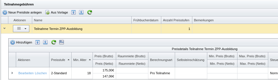 Teilnahmegebühren-Preislisten innerhalb einer Veranstaltung