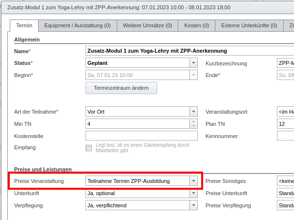 Festlegung der Preisliste für Teilnahmegebühren eines Veranstaltungstermins