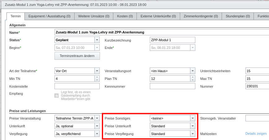 SeminarDesk Preislisten dienen der Festlegung der Preise für Unterkunft, Verpflegung und Sonstiges eines Veranstaltungstermins