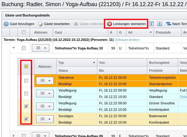 Auswählen mehrerer Leistungen einer Buchung für Aktion „Leistungen stornieren“
